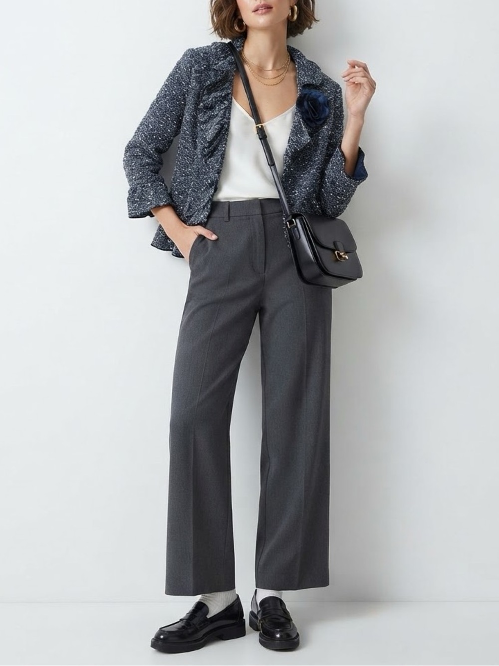 Cynthia Rowley Navy Tweed Ruffle Blazer with Pom Detail